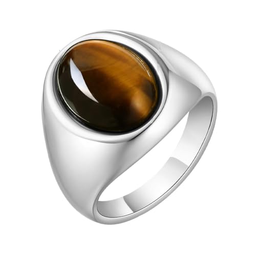 HIJONES Unisex Edelstahl Ovaler Achat Edelstein Eingelegter Silberner Signetring Solider Glänzender Ehering Brauner Stein Größe 65 (20.7) von HIJONES