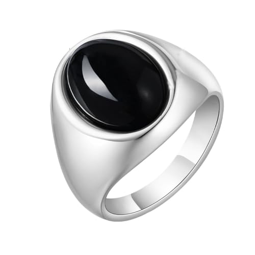 HIJONES Unisex Edelstahl Ovaler Achat Edelstein Eingelegter Silberner Signetring Solider Glänzender Ehering Schwarzer Stein Größe 70 (22.3) von HIJONES