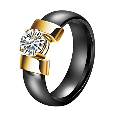 HIJONES Unisex Groß Kristall Keramik Ring Kuppel aus Edelstahl mit Zirkonia Promise Eheringe Paar Vergoldet Schwarz Größe 60 von HIJONES