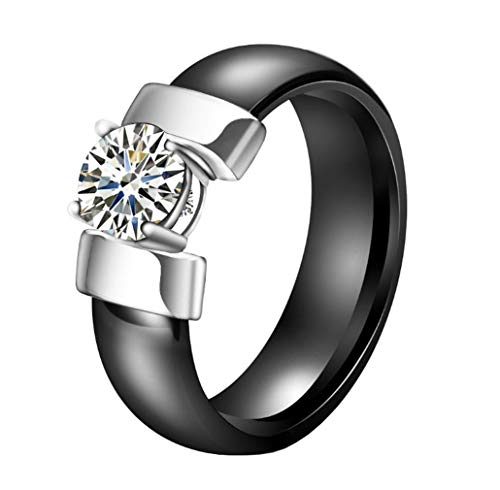 HIJONES Unisex Groß Kristall Keramik Ring Kuppel aus Edelstahl mit Zirkonia Promise Eheringe Paar Versilbert Schwarz Größe 62 von HIJONES