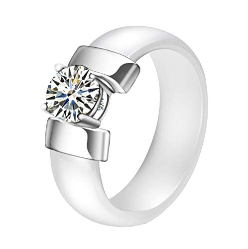 HIJONES Unisex Groß Kristall Keramik Ring Kuppel aus Edelstahl mit Zirkonia Promise Eheringe Paar Versilbert Weiß Größe 60 von HIJONES