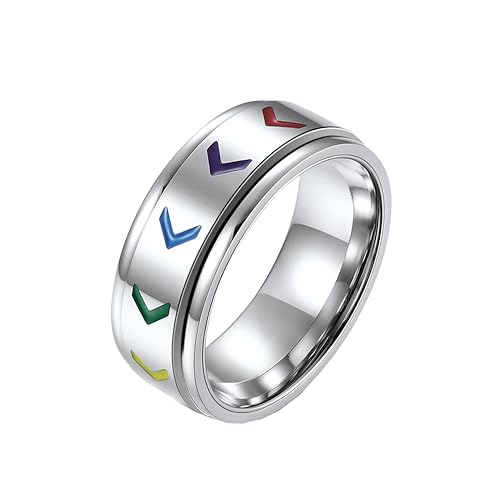 HIJONES Unisex Regenbogen Drehbarer Ring aus Rostfreier Stahl Homosexuell Lesben Stolz Schmuck LGBT Angst Für Männer Frauen 8Mm Silber Größe 57 (18.1) von HIJONES