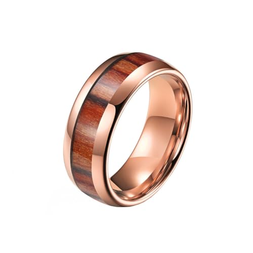 HIJONES Unisex Wolfram Stahl Holz Furnier Ahorn Eingelegt Whisky Fass Dome Ehering Versprechen Verlobung Schmuck 8MM-Roségold Größe 52 (16.6) von HIJONES