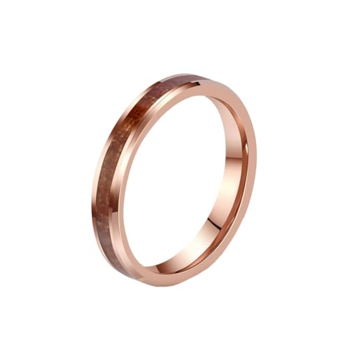 HIJONES Unisex Wolfram Stahl Holzmaserung Holzfurnier Eingelegt Whisky Fass Schlichtes Ehering Gebogen Glänzend Versprechen Band 4MM ROSÉGOLD Größe 65 (20.7) von HIJONES