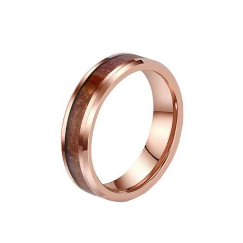 HIJONES Unisex Wolfram Stahl Holzmaserung Holzfurnier Eingelegt Whisky Fass Schlichtes Ehering Gebogen Glänzend Versprechen Band 6MM Roségold Größe 54 (17.2) von HIJONES