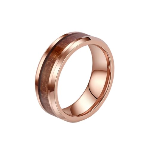 HIJONES Unisex Wolfram Stahl Holzmaserung Holzfurnier Eingelegt Whisky Fass Schlichtes Ehering Gebogen Glänzend Versprechen Band 8MM Roségold Größe 52 (16.6) von HIJONES