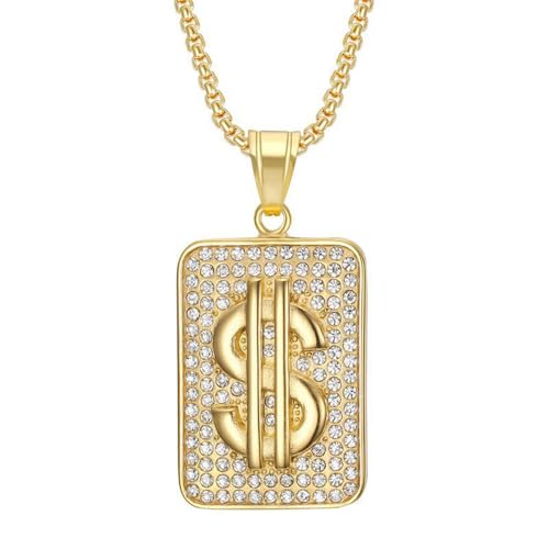 HIJONES Zirkonia Quadrat Geld Dollar Halskette für Herren Damen Edelstahl Stapelbarer Anhänger Schmuck Kette Gold von HIJONES