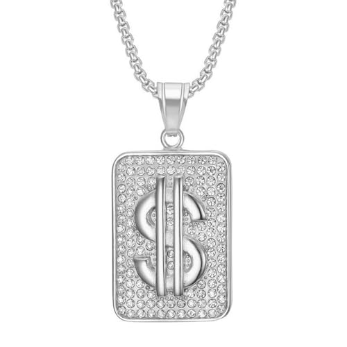 HIJONES Zirkonia Quadrat Geld Dollar Halskette für Herren Damen Edelstahl Stapelbarer Anhänger Schmuck Kette Silber von HIJONES
