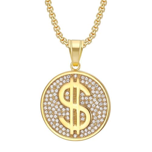HIJONES Zirkonia Runde Geld Dollar Halskette für Herren Damen Edelstahl Stapelbarer Anhänger Schmuckkette Gold von HIJONES