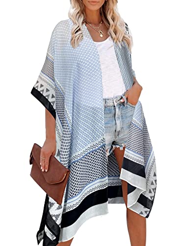 HIKARO Langer Kimono-Cardigan für Damen, Blumenmuster, Strand-Bikini, Sarongs, Bedruckt, Boho-Strickjacke, vorne offen, lose Schal-Bluse, Sommer, für Damen, Hellblau von HIKARO