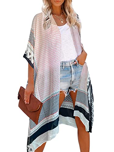 HIKARO Damen Floral Lange Kimono Cardigan Bademode Cover Ups Druck Boho Strand Bikini Front Open Loose Shawl Bluse von HIKARO