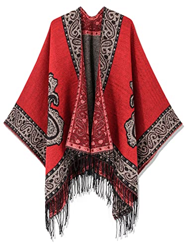 HIKARO Damen Winter Poncho Cape Schal Retro Stil Bohemia Gedruckt Quaste Wrap Schal Strickjacken Frauengeschenk für Weihnachten von HIKARO