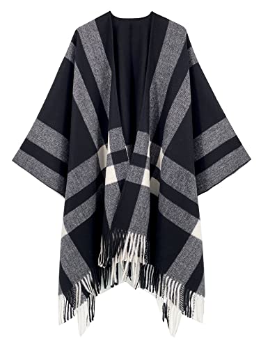 HIKARO Damen Winter Poncho Cape Warm Schal Wrap Open Front Printed Quaste Blanket Cardigans von HIKARO