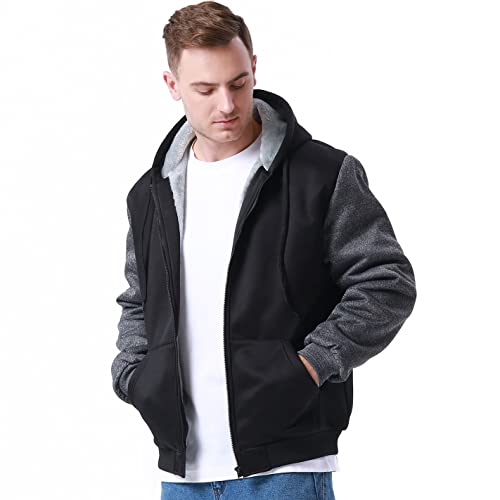 HIKARO Reißverschluss Kapuzenpullover für Männer, Warme Fleece-Sweatshirts mit Kängurutaschen, Winter Sherpa gefüttert Kapuzenjacke Mantel, Schwarz/Grau L von HIKARO