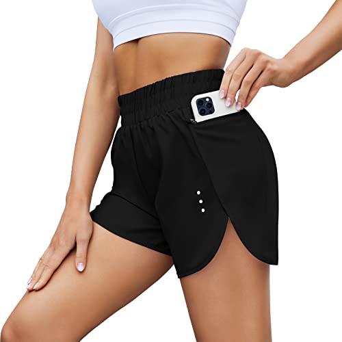 HIKARO 2 in 1 Leichte Schnelltrocknende Damen-Laufshorts Elastisch Hoch Tailliert für Workout Sport Mehrlagig mit Sportschicht Shorts mit Reißverschlusstaschen Schwarz XL von HIKARO