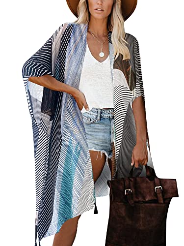 HIKARO Damen Floral Lange Kimono Cardigan Bademode Cover Ups Druck Boho Strand Bikini Front Open Loose Shawl Bluse von HIKARO