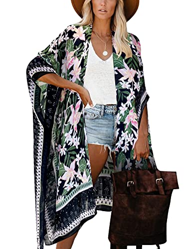 HIKARO Damen Kimono-Cardigan Pareo mit Blumenmuster, Boho-Bikini-Badebekleidung von HIKARO