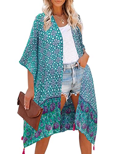 HIKARO Damen Kimono-Cardigan Pareo mit Blumenmuster, Boho-Bikini-Badebekleidung von HIKARO