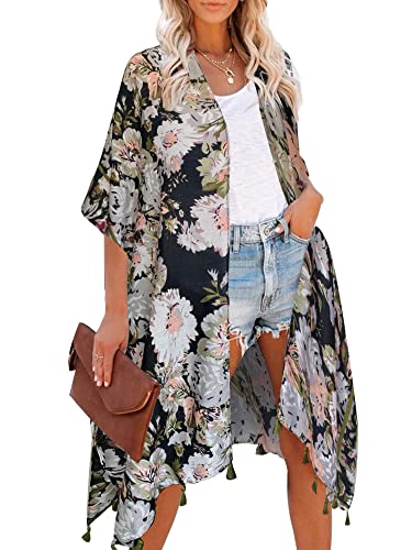 HIKARO Damen Kimono-Cardigan Pareo mit Blumenmuster, Boho-Bikini-Badebekleidung von HIKARO