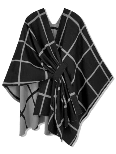 HIKARO Damen Poncho Cape Mode Reversible Oversized Schal Wrap Elegante Strickjacke Kreative Mantel, Black Plaid, One size von HIKARO