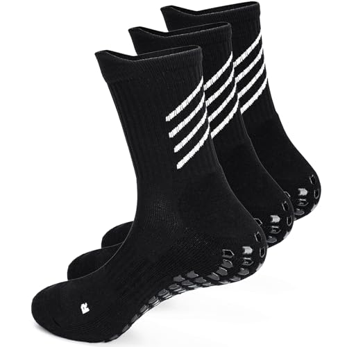 HIKERHEAVENLAR Schwarz Rutschteste Fussballsocken Herren Grip Fußball Socken Damen Yogasocken Baumwolle Gripy Sportsocken Basketball Tennis Gym Golf Wander Handball 36-42 Schwarz M 3P von HIKERHEAVENLAR