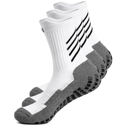 HIKERHEAVENLAR Weiß Antirutsch Fußballsocken Herren Rutschfest Gripsocken Fussball Baumwolle Damen Pilates Gripy Sport Socken Basketball Tennis Lauf Radfahren Joggen größe 43-49 Weißgrau L 3P von HIKERHEAVENLAR