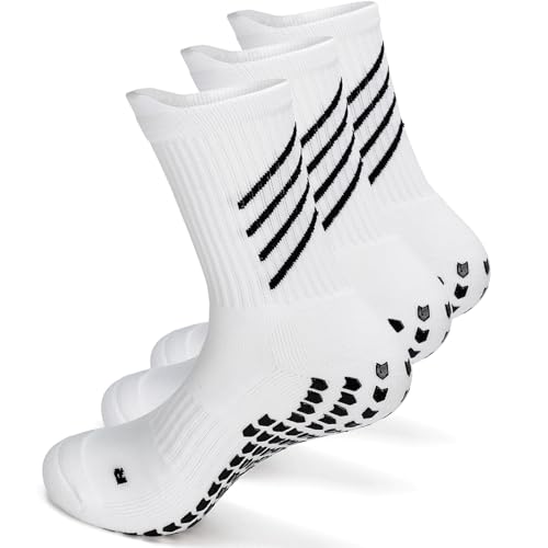 HIKERHEAVENLAR Weiß Rutschteste Fussballsocken Herren Grip Fußball Socken Damen Yogasocken Baumwolle Gripy Sportsocken Basketball Tennis Gym Golf Wander Handball 36-42 Weiß M 3P von HIKERHEAVENLAR