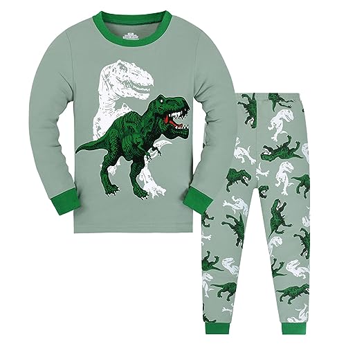 HIKIDS Jungen Dinosaurier Schlafanzug Jungen Langarm Zweiteiliger Schlafanzug Kinder Dino Herbst Winter Bekleidung Nachtwäsche Pyjama 134 von HIKIDS