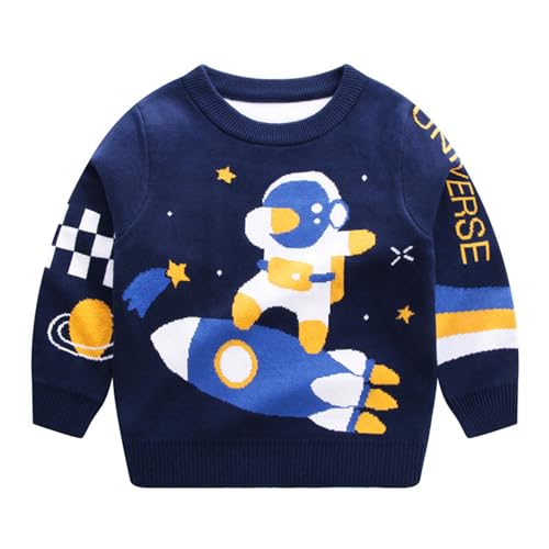 HIKIDS Jungen Pullover Weihnachten Raketen Astronaut Navy Blau Kinder Strickpullover Baby Baumwolle Langarm Strickjacken Strick Sweatshirt 110 von HIKIDS