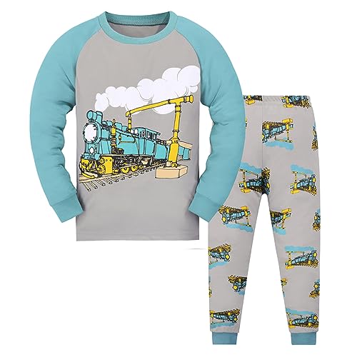 HIKIDS Jungen Schlafanzug Jungen Zug Langarm Zweiteiliger Schlafanzug Kinder Herbst Winter Bekleidung Nachtwäsche Pyjama Set 128 von HIKIDS