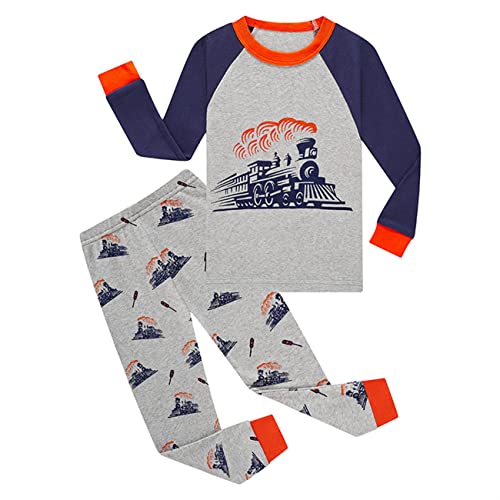 HIKIDS Jungen Schlafanzug Zug Herbst Winter Pyjamas Set Kinder LKW Langarm Nachtwäsche 2 Stücke Bekleidung 116 von HIKIDS