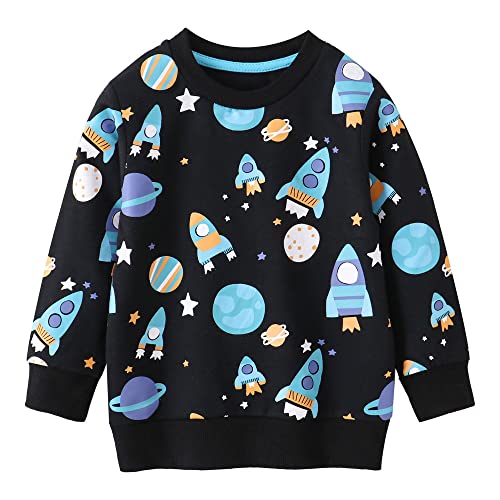 HIKIDS Jungen Sweatshirt Kinder Schwarz Langarm Pullover Top Sportlich Crewneck Weltraumrakete T-Shirt Kinderkleidung 5 Jahre von HIKIDS