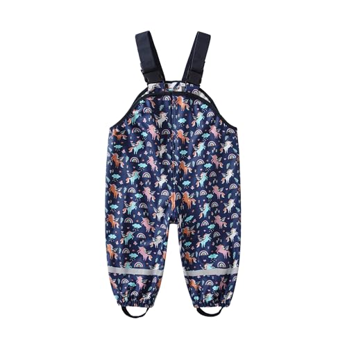 HIKIDS Kinder Regenhose Jungen Mädchen Matschhose Regenbogen Einhorn Mädchen PU Wind- und wasserdichte Buddelhose Jungen Regenlatzhose Atmungsaktiv Verstellbaren Trägern Bundhose 104 von HIKIDS