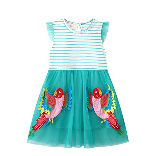 HIKIDS Mädchen Kleid Tutu Kurz Mädchen Kleid Festlich Kinder Kleider Tüll Elegant Geburtstag Kleid Sommer Ärmellos Papagei Streifen Grün Partykleid Casual Tütü Falten Kleider 7 Jahre von HIKIDS