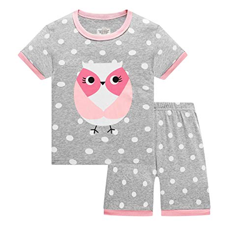 HIKIDS Mädchen Kurz Schlafanzug Mädchen Eule Short Zweiteiliger Schlafanzug Kinder Sommer Bekleidung Nachtwäsche Pyjama Set 128 von HIKIDS
