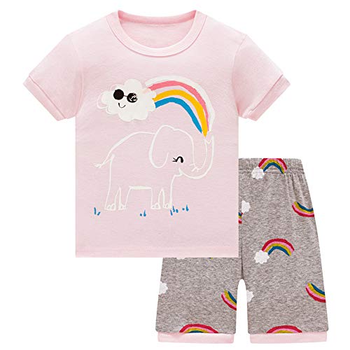 HIKIDS Mädchen Kurz Schlafanzug Mädchen Regenbogen Elefant Short Zweiteiliger Schlafanzug Kinder Sommer Bekleidung Nachtwäsche Pyjama Set 116 von HIKIDS