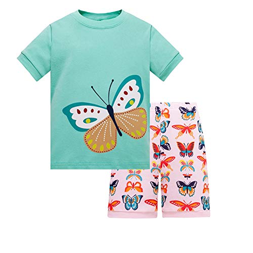 HIKIDS Mädchen Kurz Schlafanzug Mädchen Schmetterling Grün Short Zweiteiliger Schlafanzug Kinder Sommer Bekleidung Nachtwäsche Pyjama Set 128 von HIKIDS