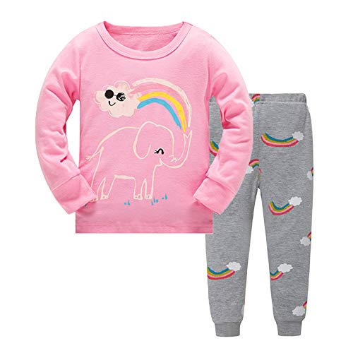 HIKIDS Mädchen Schlafanzug Mädchen Regenbogen Elefant Langarm Zweiteiliger Schlafanzug Kinder Herbst Winter Bekleidung Nachtwäsche Pyjama Set 104 von HIKIDS