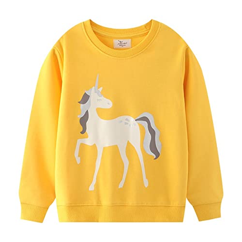 HIKIDS Mädchen Sweatshirts Kinder Langarm Pullover Top Sportlich Crewneck Einhorn Kapuzenpullover T-Shirt Streetwear Kinderkleidung Gelb 104 von HIKIDS