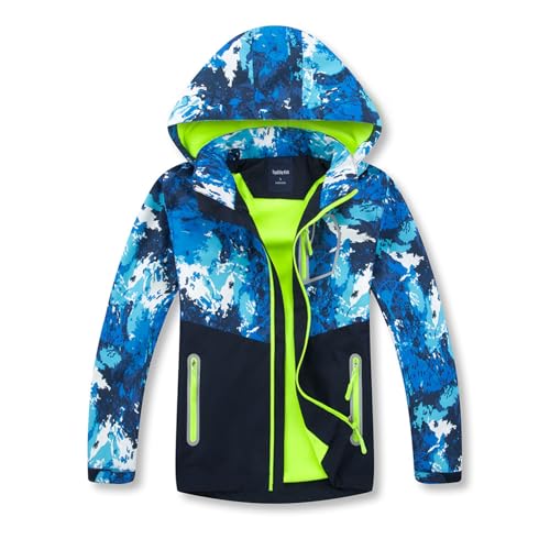 HIKIDS Softshelljacken Jungen Wasserdicht Jacke Camouflage Blau Schwarz Windjacke Warm Kinder Regenmantel Outdoor Skijacke Winterjacke Trekking Regenjacke 9-10 Jahre von HIKIDS