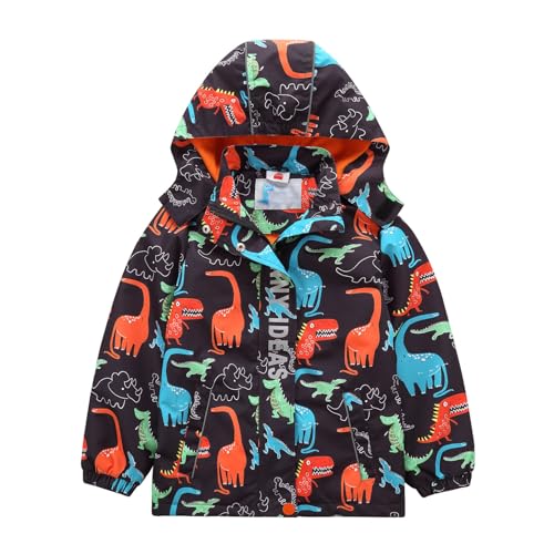 HIKIDS Softshelljacken Jungen Wasserdicht Jacke Dinosaurier Schwarz Windjacke Warm Innenfutter Kinder Outdoor Winterjacke Regenjacke Regenmantel Skijacke mit Abnehmbare Kapuze 145/152 von HIKIDS
