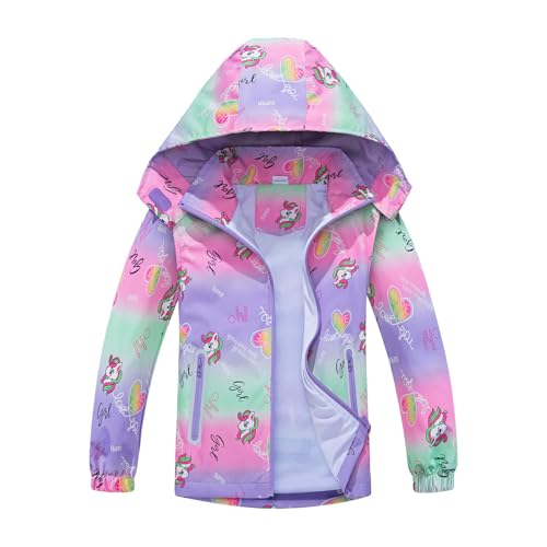 HIKIDS Softshelljacken Mädchen Wasserdicht Jacke Einhorn Rainbow Lila Windjacke Warm Skijacke Winterjacke Kinder Outdoor Regenjacke Trekking Regenmantel 122/128 von HIKIDS