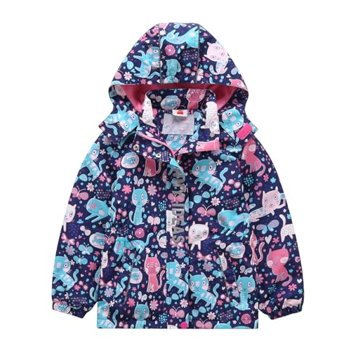 HIKIDS Softshelljacken Mädchen Wasserdicht Jacke Katze Navy Blau Windjacke Warm Innenfutter Kinder Outdoor Winterjacke Regenjacke Regenmantel Skijacke mit Abnehmbare Kapuze 134/140 von HIKIDS