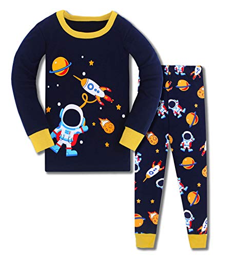 Jungen Schlafanzug Jungen Astronaut Weltraum Rakete Langarm Zweiteiliger Schlafanzug Kinder Herbst Winter Bekleidung Nachtwäsche Pyjama Set 116 von HIKIDS
