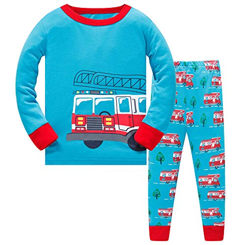 Jungen Schlafanzug Jungen Feuerwehrauto Langarm Zweiteiliger Schlafanzug Kinder Herbst Winter Bekleidung Nachtwäsche Feuerwehr Pyjama Set 110 von HIKIDS