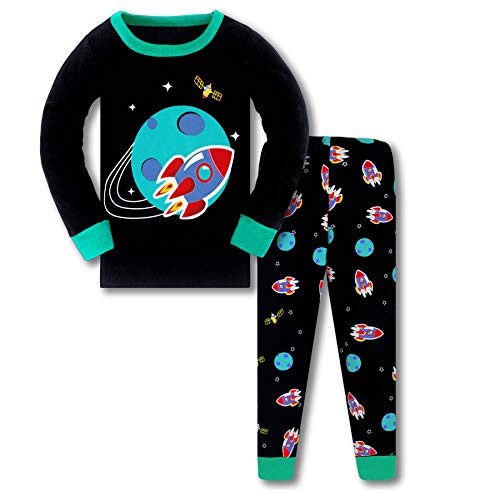 Jungen Schlafanzug Jungen Planet Weltraum Rakete Langarm Zweiteiliger Schlafanzug Kinder Herbst Winter Bekleidung Nachtwäsche Pyjama Set 122 von HIKIDS