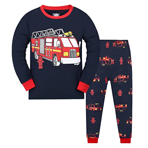 Jungen Schlafanzug Jungen Schwarz Feuerwehrauto Langarm Zweiteiliger Schlafanzug Kinder Herbst Winter Bekleidung Nachtwäsche Feuerwehr Pyjama Set 104 von HIKIDS