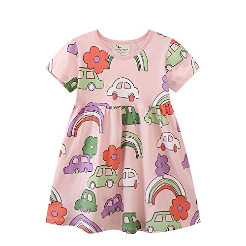 Mädchen Kleid Sommer Auto Regenbogen Rosa Casual Swing Kleider Baby Baumwolle A-Linie Boho Freizeitkleid Kurz Partykleid Kinder Falten Rock Strandkleid 4 Jahre von HIKIDS