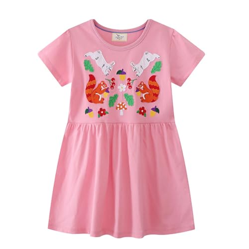 Mädchen Kleid Sommer Eichhörnchen Kaninchen Rosa Casual Swing Kleider Baumwolle Boho Freizeitkleid Kurzarm T-Shirt Kleid Kinder Chiffon Kleid Strandkleid 3 Jahre von HIKIDS