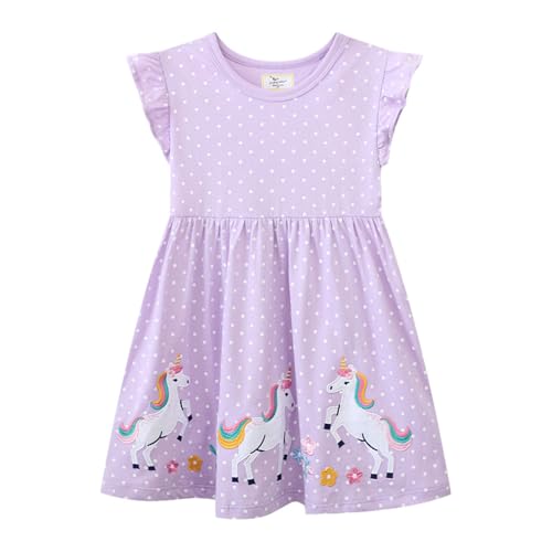 Mädchen Kleid Sommer Einhorn Lila Casual Swing Kleider Baumwolle Boho Freizeitkleid Kurzarm T-Shirt Kleid Kinder Chiffon Kleid Strandkleid 4 Jahre von HIKIDS